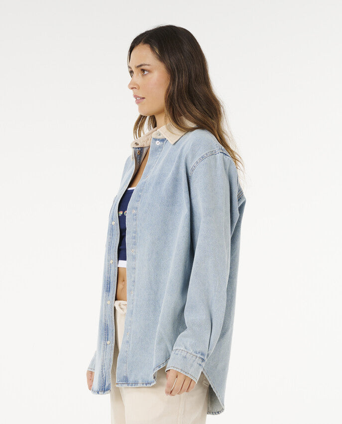 Surf Side Relaxed Long Sleeve Denim Shirt For Wome