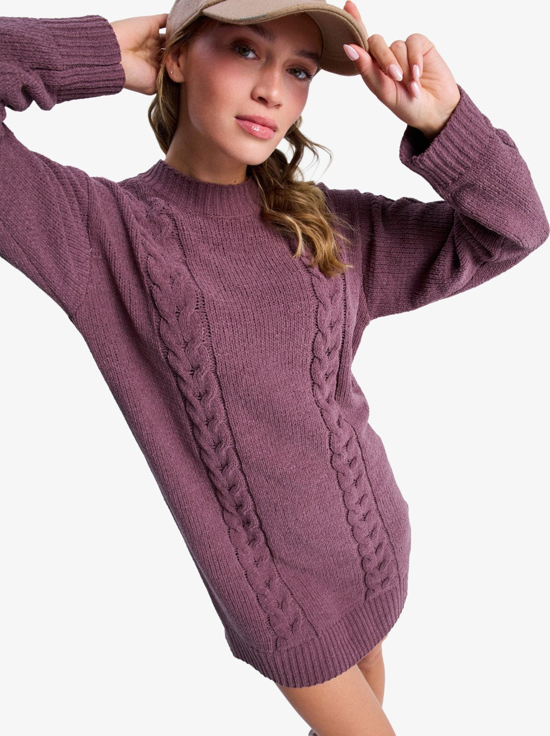 Missing The Waves - Kabelgebreide mini sweaterjurk met lange mouw voor Dames